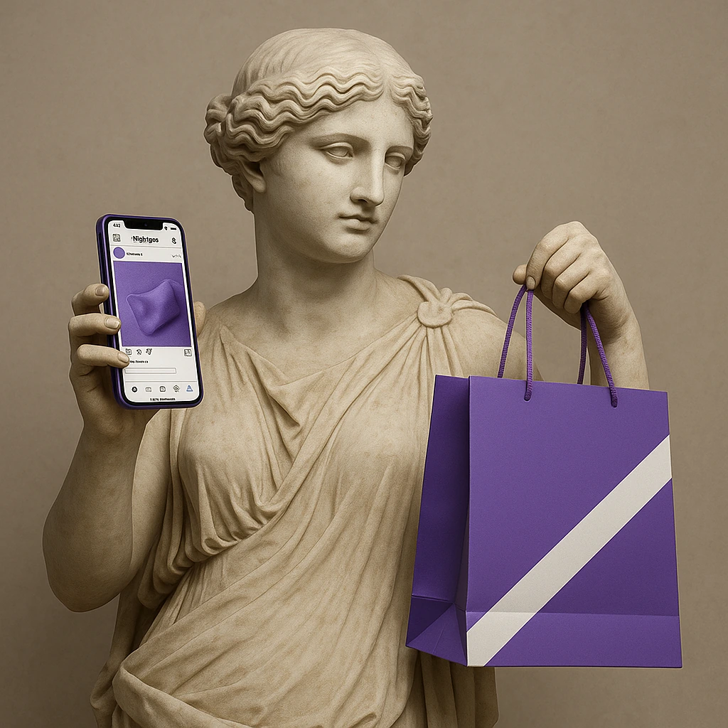 Releitura clássica com celular e sacola roxa